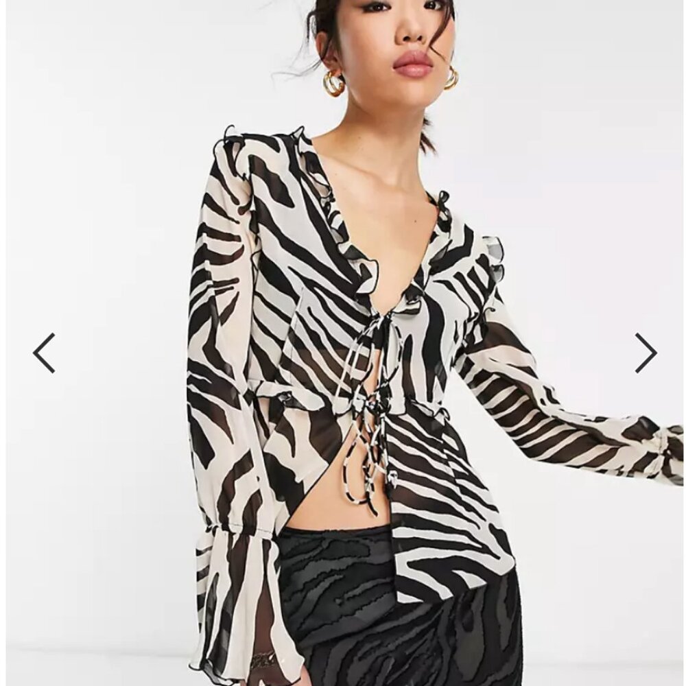 Mango zebra print sheer tie up blouse in brown - Medium